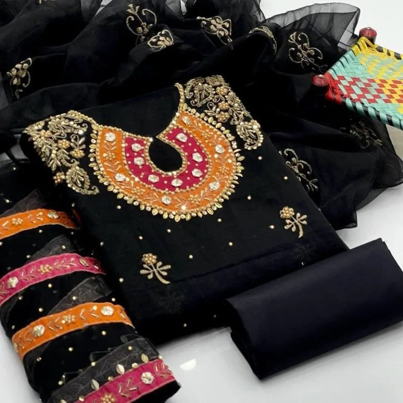 Organza 3-Piece Suit for Women | Unstitched Handmade Aari Zari & Beads Work