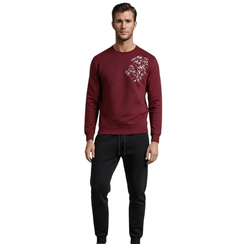 LION Printed Maroon Tracksuit Sweatshirt & Trouser | Warm & Comfortable Winter Wear | Medium