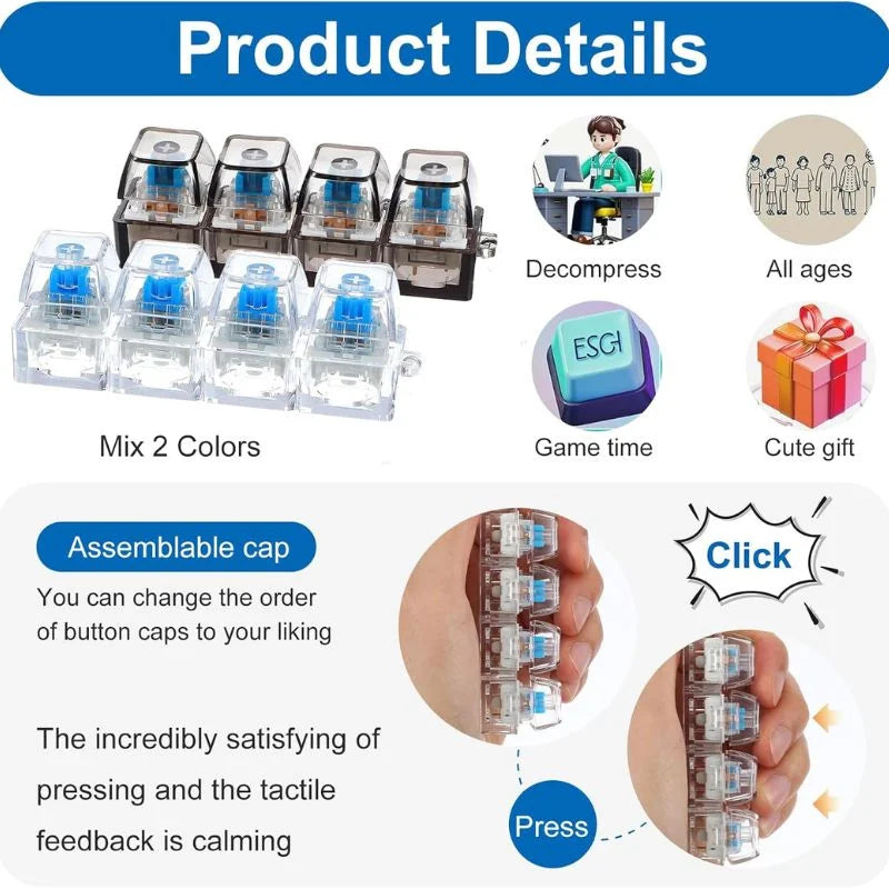 4-Key Mechanical Keyboard Clicker Keychain | Portable Mechanical Switch Fidget Toy | Stress Relief Finger Clicker | Tactile Keyboard Keychain with light | Random Color