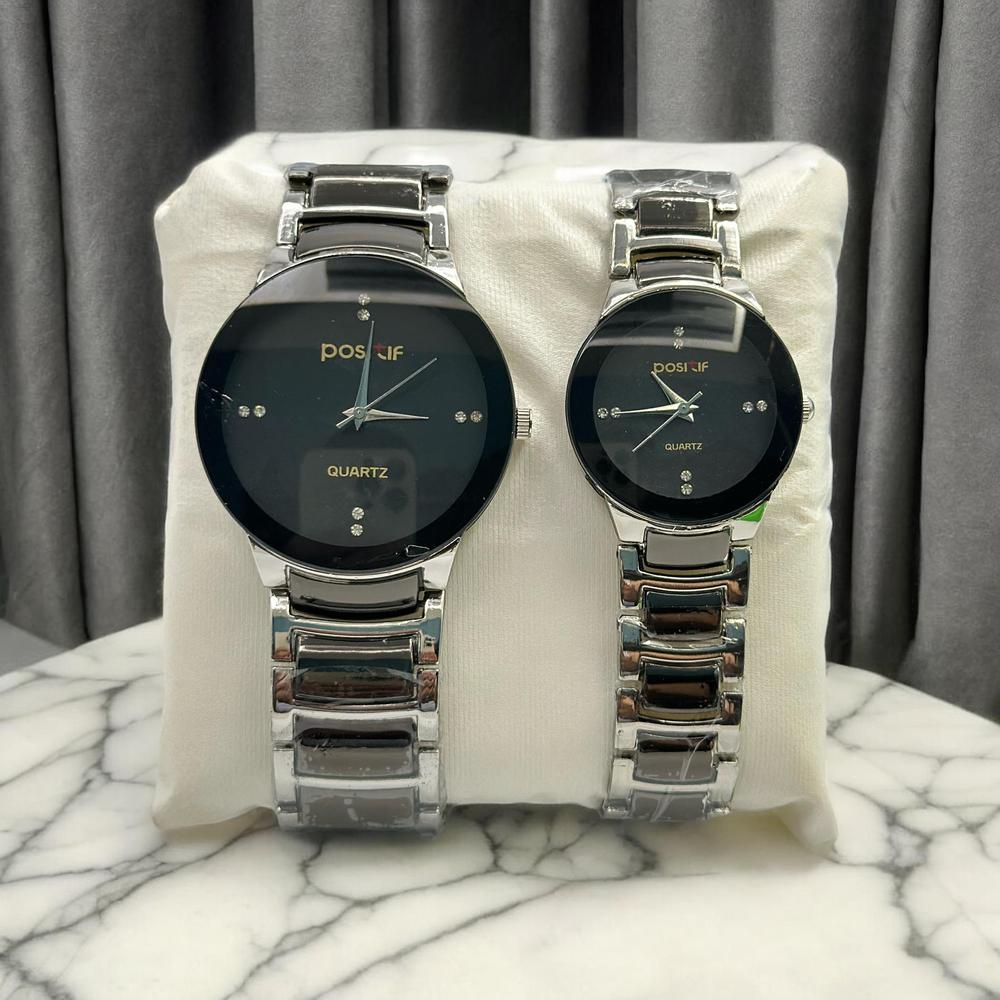 Silver Chain With Black Dial Couples Watch