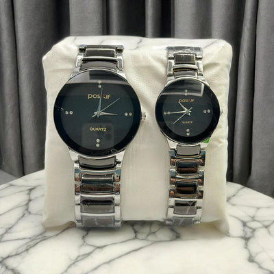 Silver Chain With Black Dial Couples Watch