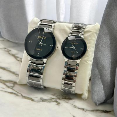 Silver Chain With Black Dial Couples Watch