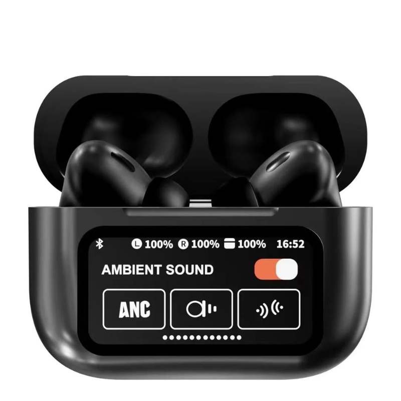 Black A9 Pro ANC Bluetooth 5.4 Wireless Earbuds with Smart Screen and Active Noise Cancellation