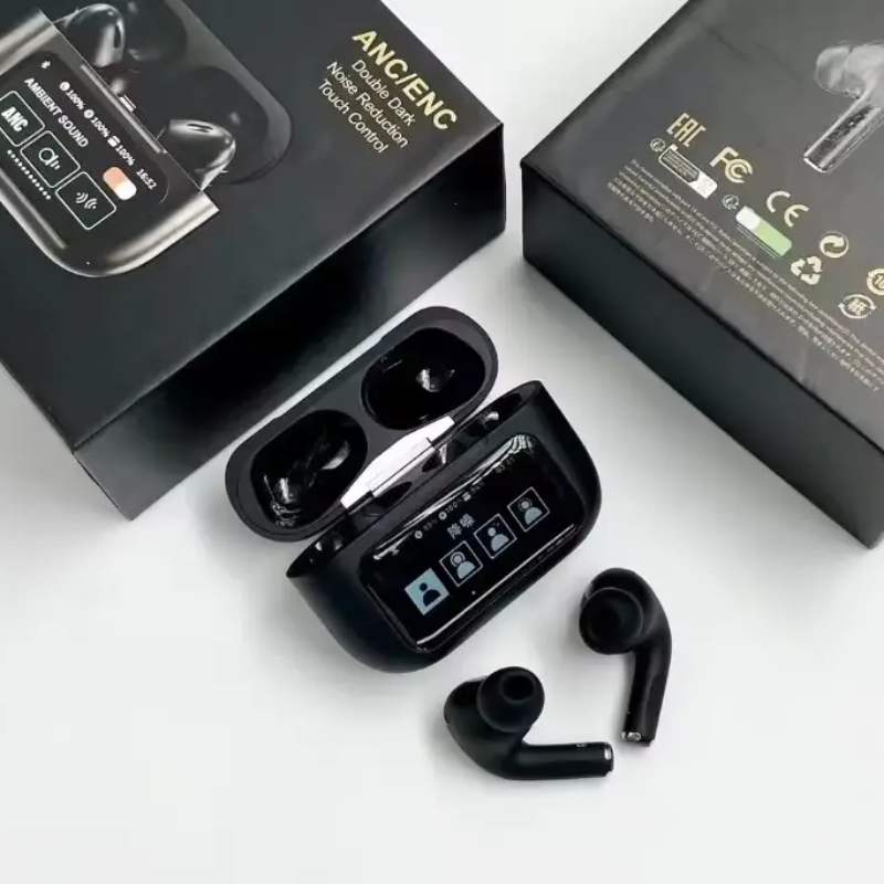 Black A9 Pro ANC Bluetooth 5.4 Wireless Earbuds with Smart Screen and Active Noise Cancellation