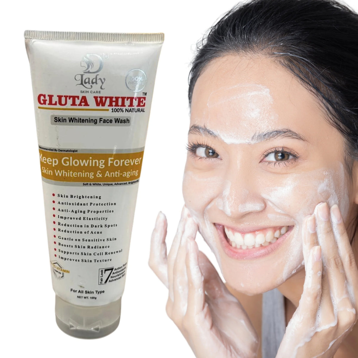 Gluta White Skin Whitening Face Wash | 7-in-1 Brightening & Anti-Aging Formula