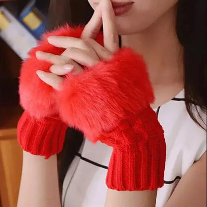 Women’s Faux Fur Fingerless Knitted Gloves | Warm Winter Hand Wrist Warmers | Soft, Stylish & Comfortable | Red
