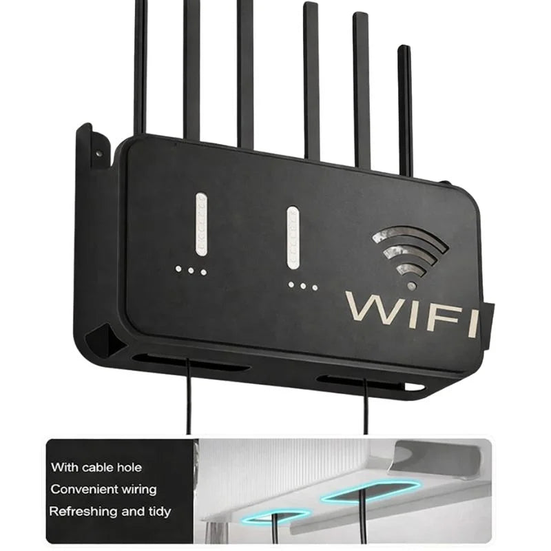 Black WiFi Router Storage Box & Wall Mount Shelf  Universal Cable Organizer | Space-Saving Holder for Modem, Set-Top Box & Smart Devices | Home & Office Use