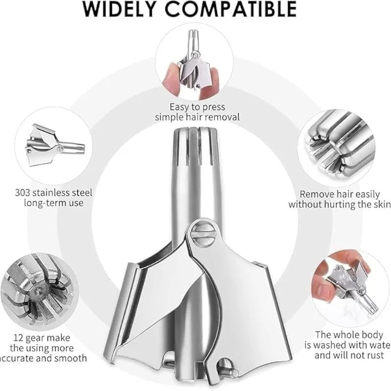 Manual Stainless Steel Nose & Ear Hair Trimmer – Painless, Battery-Free Precision Grooming Tool with Cleaning Brush