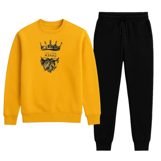 KING Printed Yellow Tracksuit Sweatshirt & Trouser | Warm & Comfortable Winter Wear | XL