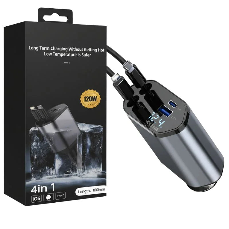 4-in-1 Retractable Car Charger | Dual USB & USB-C PD Fast Charging, 100W
