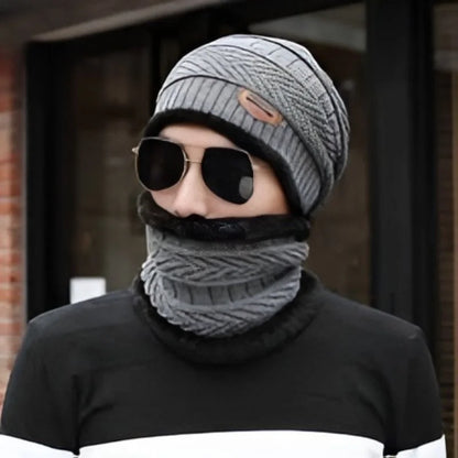 Winter Wool Cap with Neck Warmer Set | Thermal Beanie & Scarf Combo for Men and Women |  Gray