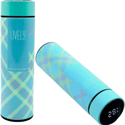 LED Temperature Display Water Bottle | Checkered Design  | Smart Stainless Steel Vacuum 500ml Flask | Random Color