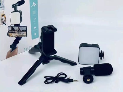 AY-49 Video Making Kit | All-in-One Vlogging Tripod with Wireless Remote, Microphone, LED Light & Mobile Holder